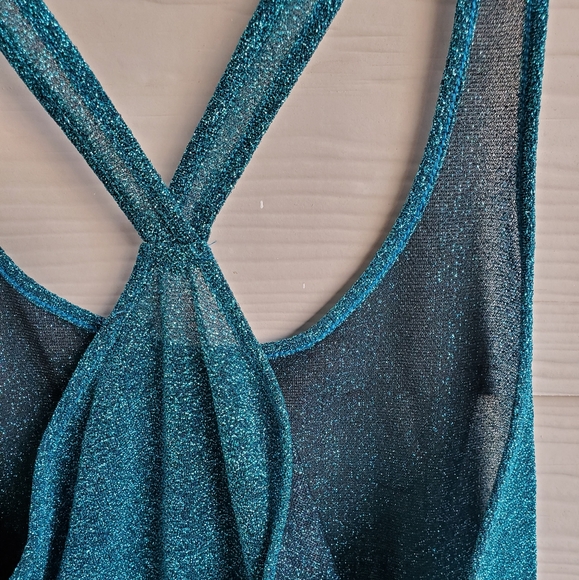 EXPRESS Glitzy Shimmery Metallic Turquoise Festive Semi-sheer Racerback Tank Top - Picture 14 of 16